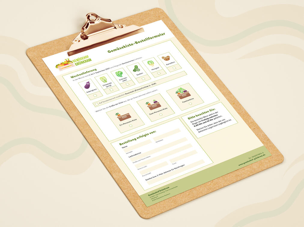 Interaktives Bestellformular Gemüsehof "Grünkram"; 2024; Adobe InDesign & Acrobat