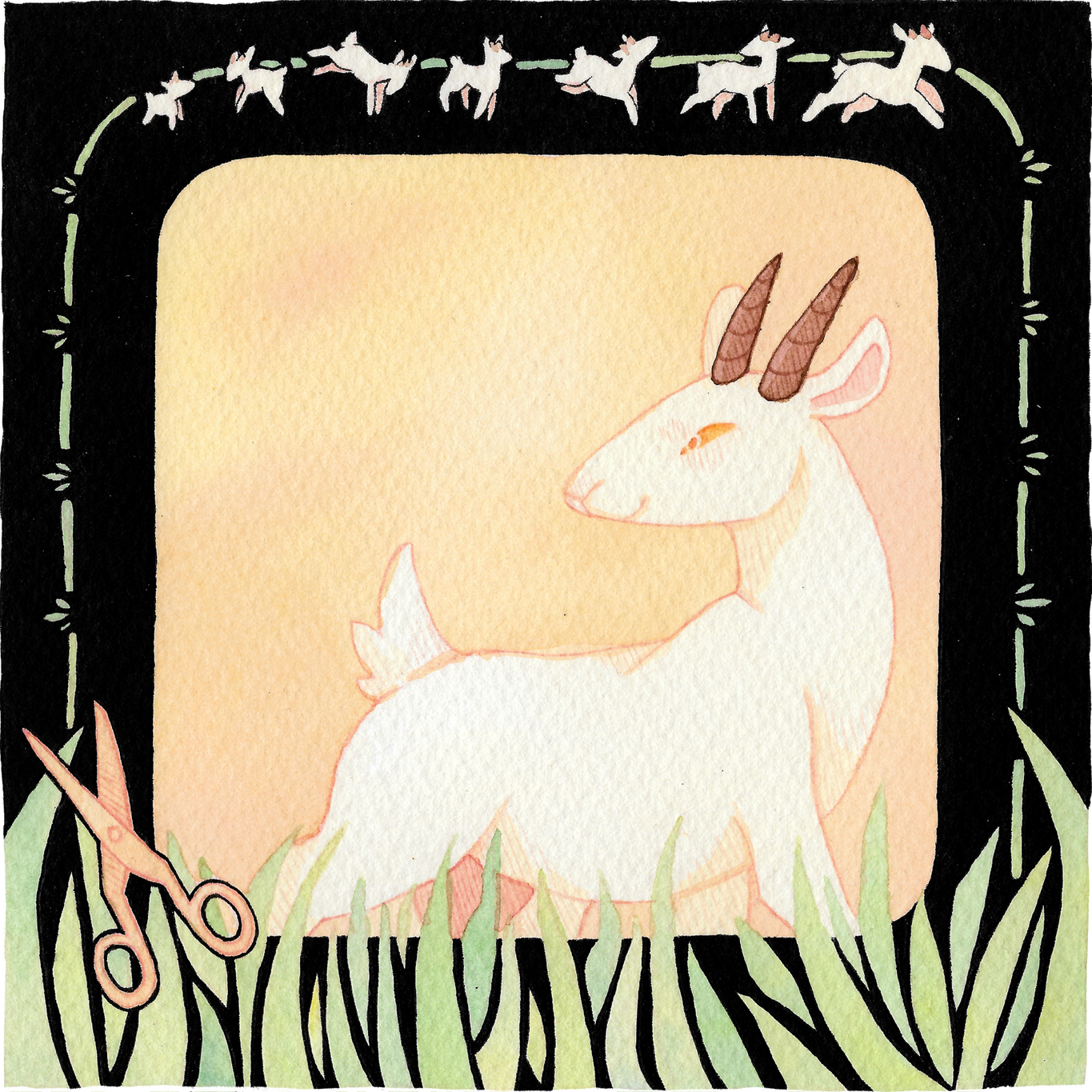 Der Wolf und die sieben jungen Geißlein - Stipendienwettbewerb AID 2022; Rohrer & Klingner Zeichentusche (India Ink) auf 300 g/m² Baumwoll-Aquarellpapier